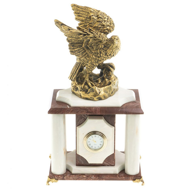 Часы настольные из натурального камня с декором в виде орла Eagle Stone Clock Коричневый Зеленый Бронза Бирюзовый Белый в Санкт-петербурге | Loft Concept 