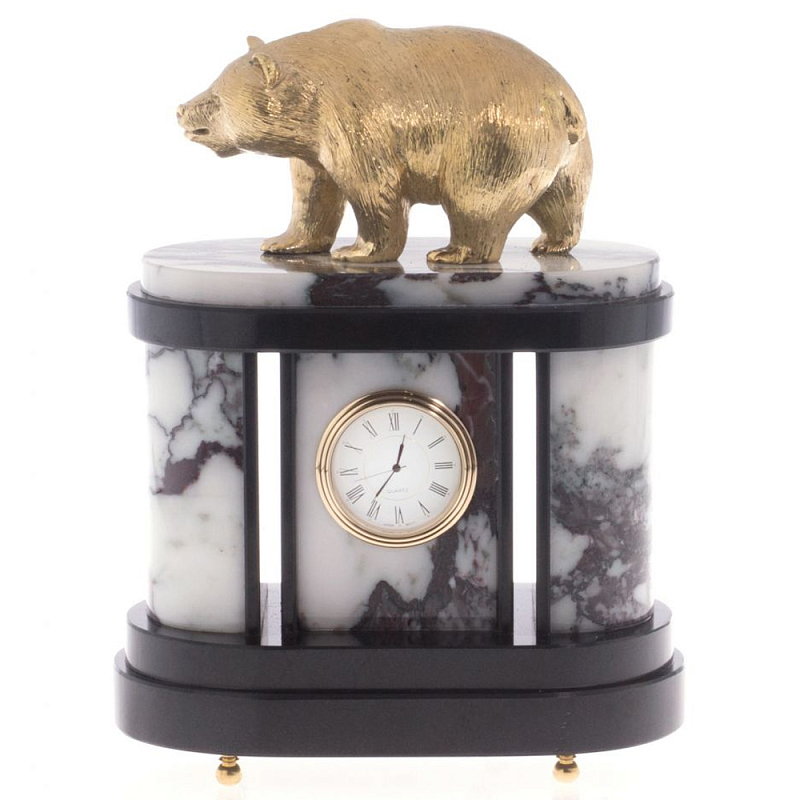 Часы настольные бронзовые с декором в виде медведя Bear Stone Clock Черный Бронза Коричневый Белый в Санкт-петербурге | Loft Concept 