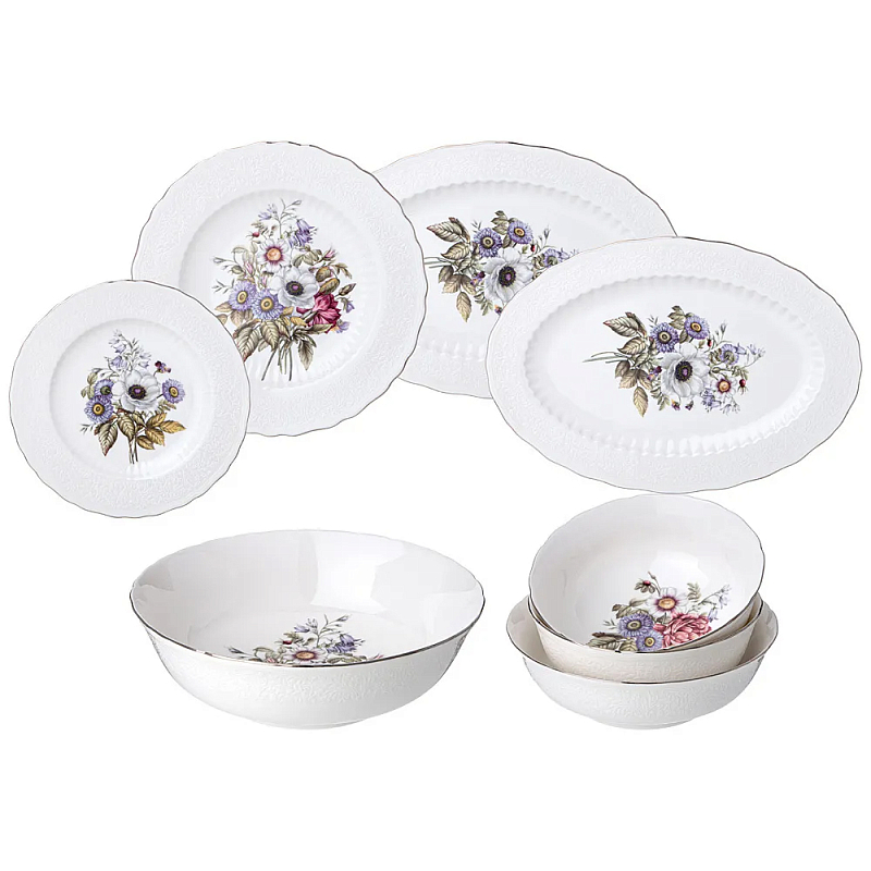 Обеденный сервиз из фарфора с рисунком цветов на 6 персон 23 предмета Garden Whisper Porcelain Set  Белый Мульти в Санкт-петербурге | Loft Concept 