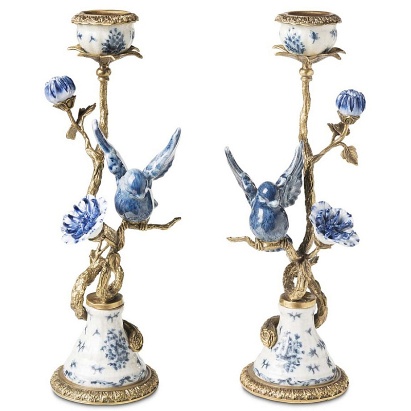 Подсвечник Candleholder Birds Atlanta Set 2 Pcs Синий Бронза Белый в Санкт-петербурге | Loft Concept 