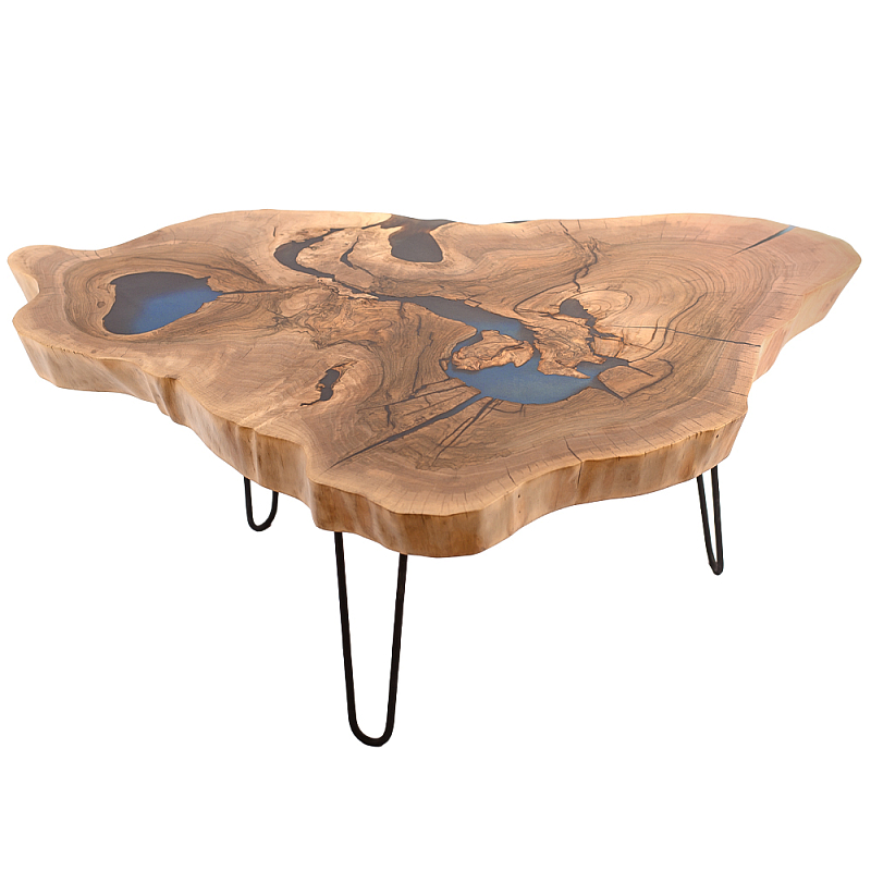 Кофейный стол со столешницей из орехового дерева и эпоксидной смолы Clem Coffee Table Орех Голубой Черный в Санкт-петербурге | Loft Concept 