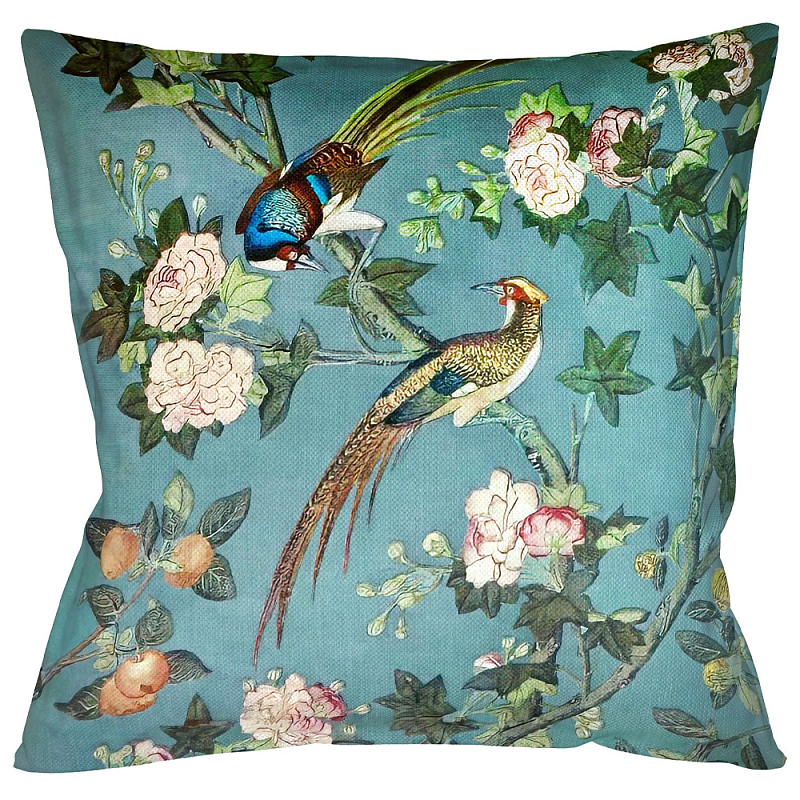 Подушка декоративная с изображением птицы в саду Chinoiserie Birds in the Garden Cushion Бирюзовый Мульти в Санкт-петербурге | Loft Concept 