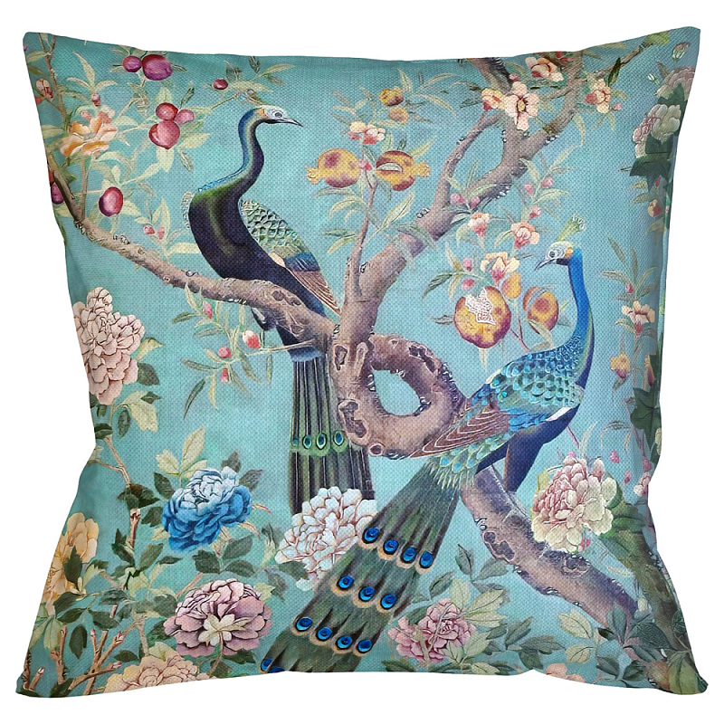 Подушка декоративная с изображением птиц в саду Chinoiserie Garden Two Peacocks Cushion Бирюзовый Мульти в Санкт-петербурге | Loft Concept 