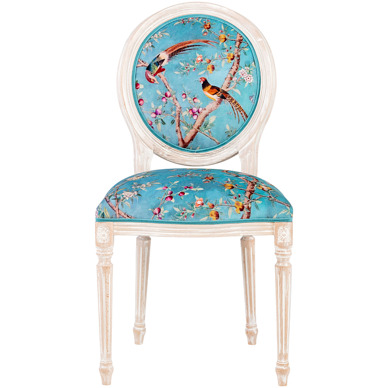 Стул из массива бука бирюзовый с изображением птиц и цветов Turquoise Beige Chinoiserie Peach Garden Chair Бирюзовый Мульти Бежевый в Санкт-петербурге | Loft Concept 