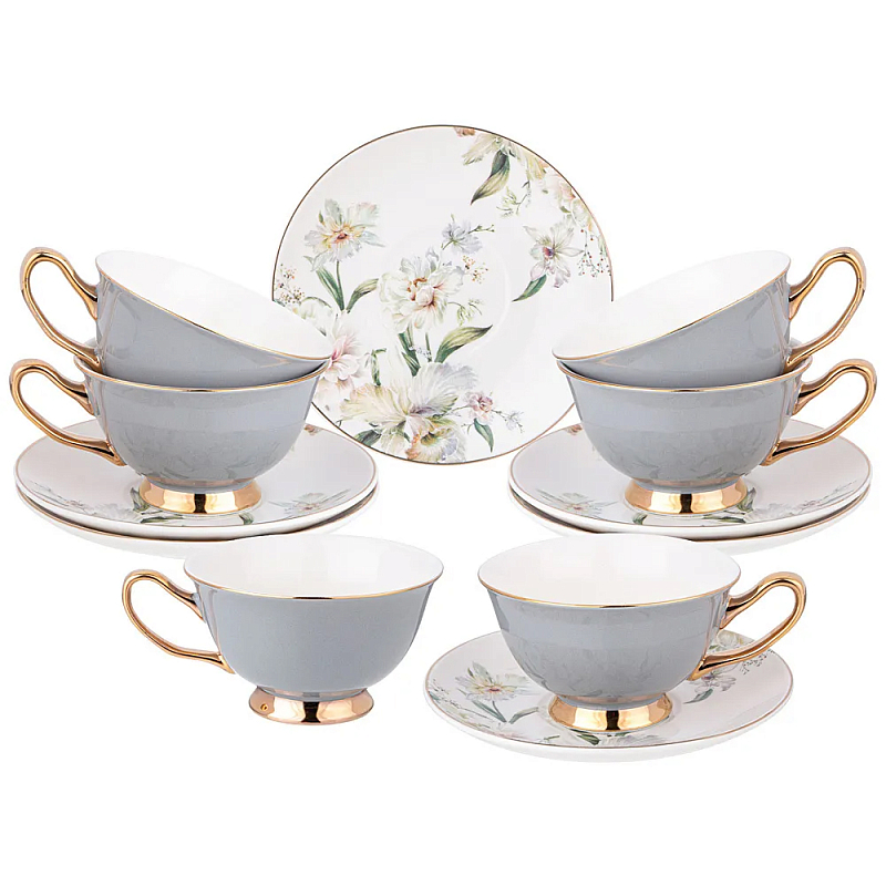 Чайный набор из фарфора на 6 персон Grey Tea Porcelain Set Белый Золотой Серый в Санкт-петербурге | Loft Concept 