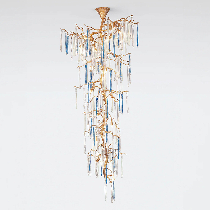 Люстра каскадная с прозрачными и голубыми подвесками в форме капель Droplet Chandelier Золотой Прозрачный Голубой Люстра каскадная с прозрачными и голубыми подвесками в форме капель Droplet Chandelier Золотой Прозрачный Голубой в Санкт-петербурге | Loft Concept