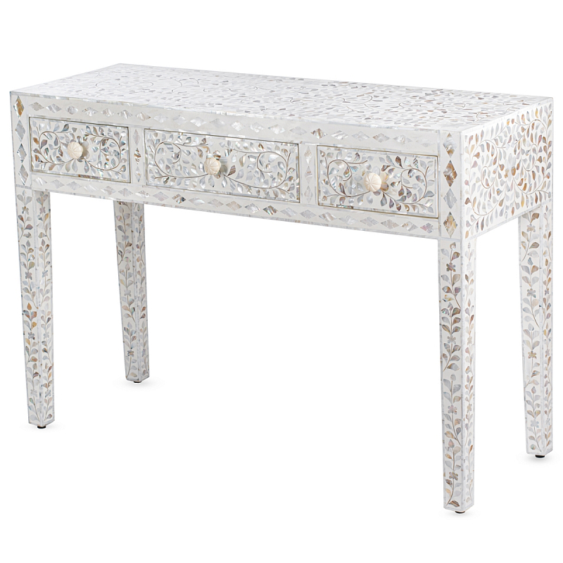 Консоль с ящиками белая отделка кость BONE INLAY White Pearl CONSOL TABLE 3 DRAWER ivory ( слоновая кость ) Перламутровый в Санкт-петербурге | Loft Concept 