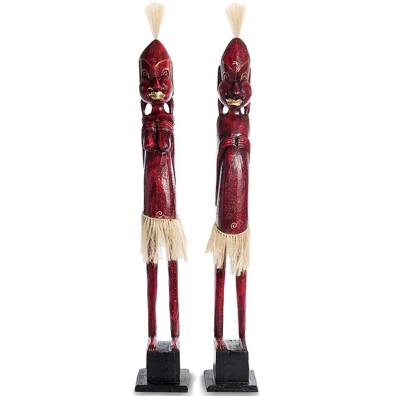 Комплект из 2-х деревянных статуэток Asmat Tall Statuettes Red Красный Бежевый в Санкт-петербурге | Loft Concept 