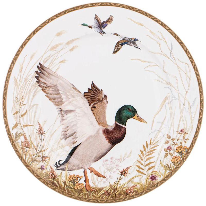 Тарелка закусочная из фарфора с изображением утки Hunting Porcelain Collection Белый Коричневый Мульти в Санкт-петербурге | Loft Concept 