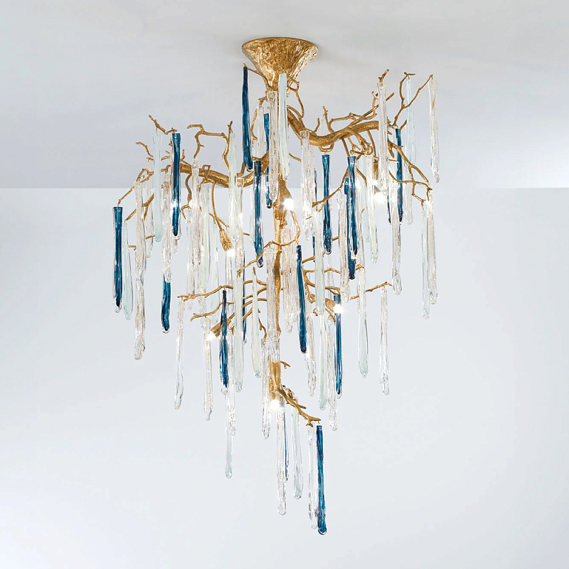Люстра с прозрачными и голубыми подвесками в форме капель Droplet Chandelier Золотой Прозрачный Синий Люстра с прозрачными и голубыми подвесками в форме капель Droplet Chandelier Золотой Прозрачный Синий в Санкт-петербурге | Loft Concept