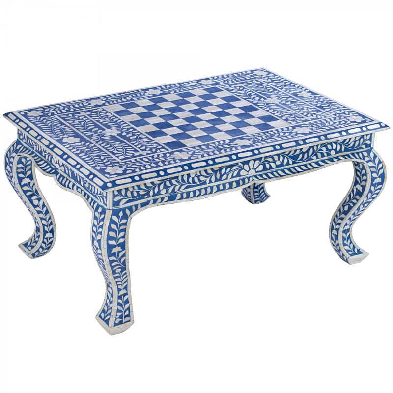 Стол синий отделка кость BLUE BONE INLAY CHESS COFFEE TABLE Синий ivory ( слоновая кость ) в Санкт-петербурге | Loft Concept 