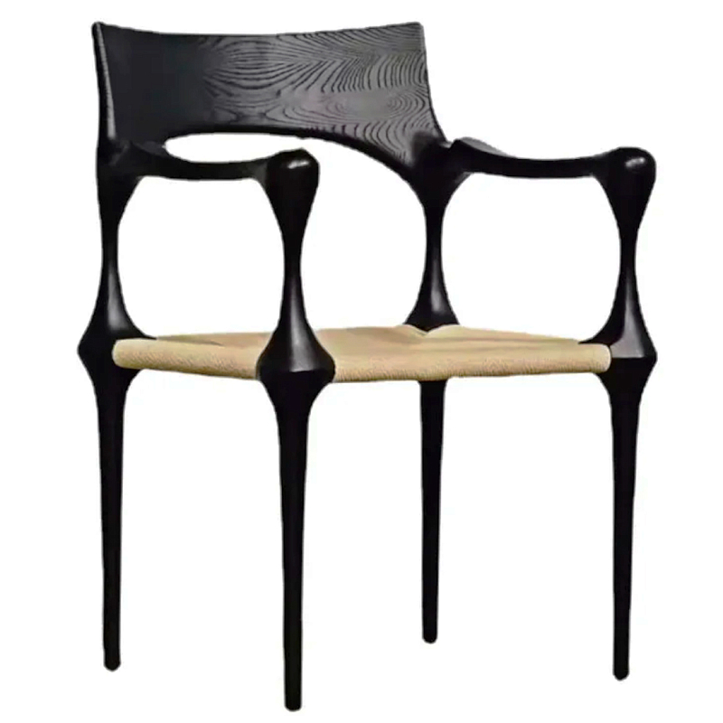 Стул дизайнерский с плетеным сидением Kronos Dining Chair Black Черный Бежевый в Санкт-петербурге | Loft Concept 