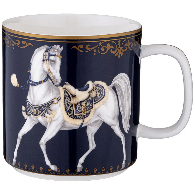 Кружка из фарфора синяя с изображением лошадей 400 мл Porcelain Horse Set Белый Синий Золотой в Санкт-петербурге | Loft Concept 