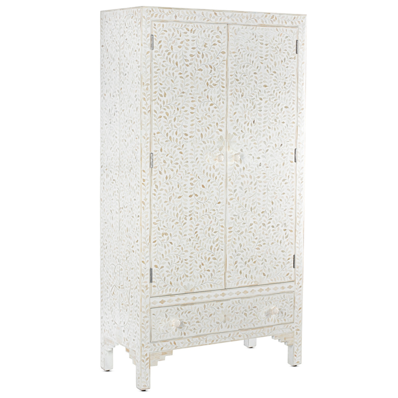 Шкаф белый узор отделка кость White Bone Inlay Almirah Cupboard 1 DRAWER ivory ( слоновая кость ) Белый в Санкт-петербурге | Loft Concept 