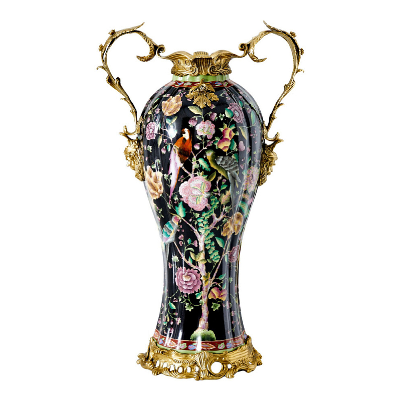 Ваза из фарфора черная с цветочной росписью и бронзовыми элементами Spring Garden Бронза Мульти Черный в Санкт-петербурге | Loft Concept 