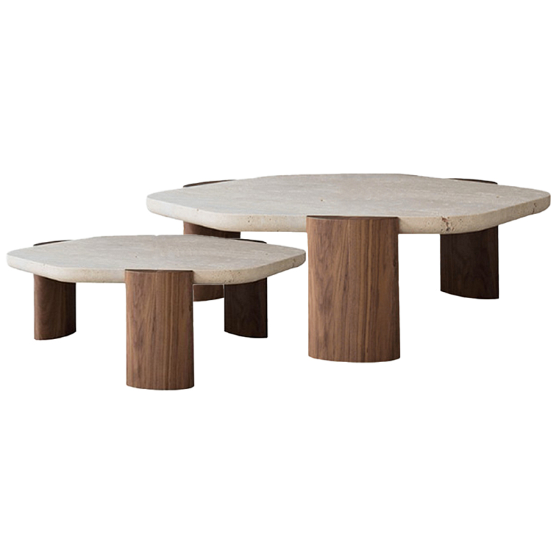 Комплект из 2-ух кофейных столов Gene Stone Wooden Coffee Table Бежево-серый Коричневый Орех в Санкт-петербурге | Loft Concept 