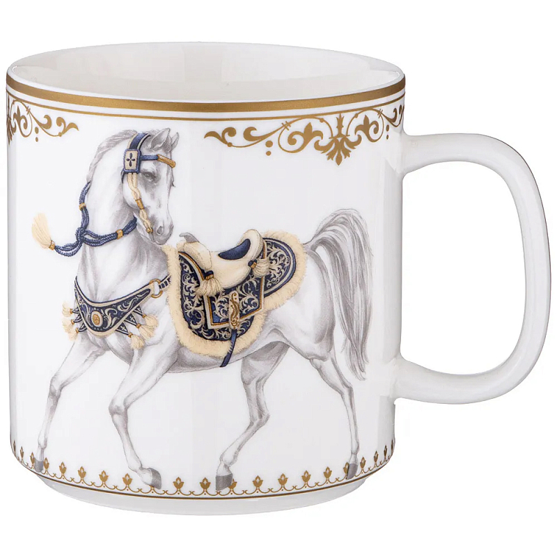 Кружка из фарфора белая с изображением лошади 400 мл Porcelain Horse Set Белый Синий Золотой в Санкт-петербурге | Loft Concept 