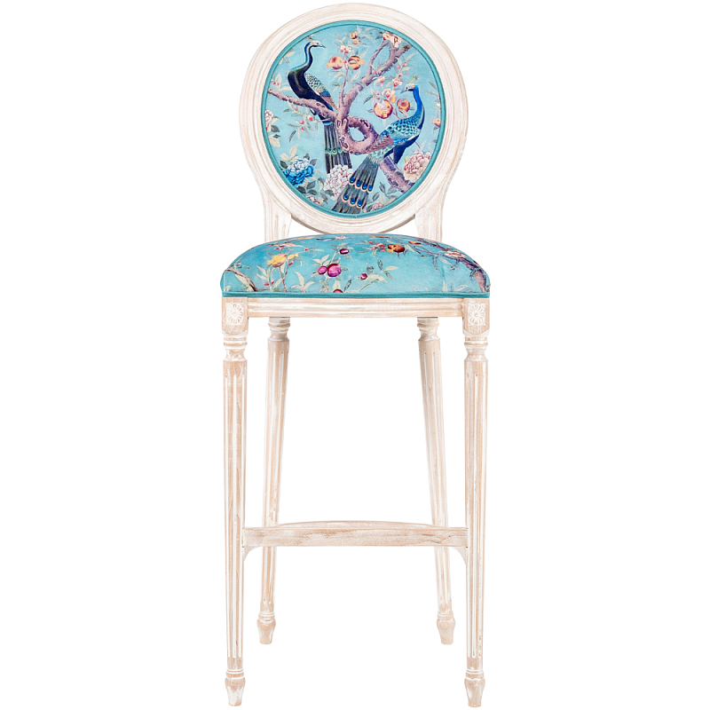 Барный стул из массива бука с изображением птиц и цветов Turquoise Beige Chinoiserie Garden Chair Мульти Бирюзовый Бежевый в Санкт-петербурге | Loft Concept 