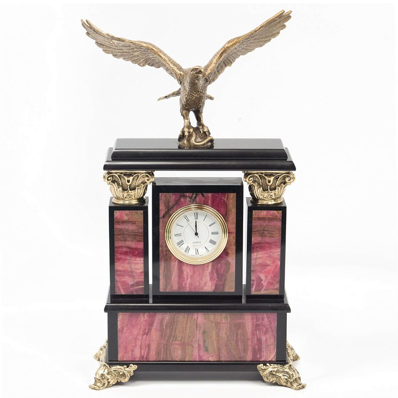 Часы настольные из родонита и бронзы с декором в виде орла Eagle Stone Clock Розовый Бронза Черный в Санкт-петербурге | Loft Concept 