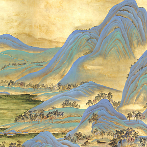 Обои ручная роспись A Thousand Li of Rivers and Mountains Original colourway on Deep Rich Gold gilded paper with gold pearlescent antiquing