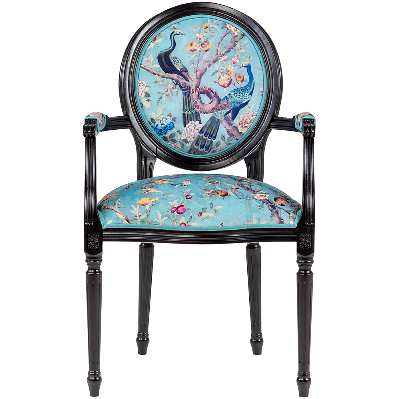 Полукресло из массива бука бирюзовое с изображением птиц и цветов Turquoise Chinoiserie Garden Chair Бирюзовый Мульти Черный в Санкт-петербурге | Loft Concept 