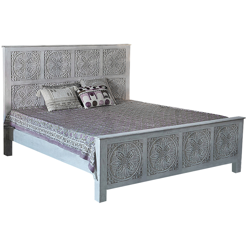 Двуспальная кровать из массива манго с резьбой Floro Grey Mango Bed Бежевый в Санкт-петербурге | Loft Concept 