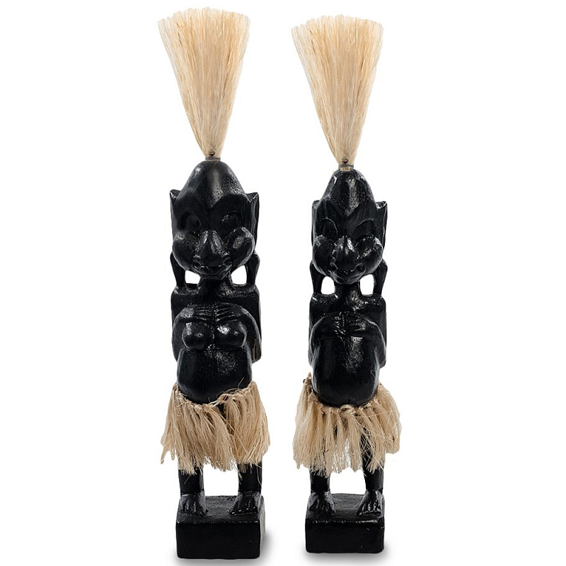 Комплект из 2-х деревянных статуэток Asmat Straw Headdress Statuettes Black Черный Бежевый в Санкт-петербурге | Loft Concept 