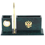 Настольный письменный набор с гербом России и часами из природного камня змеевик Successful Leader варинант исполнения - 1 | Loft Concept в Санкт-петербурге