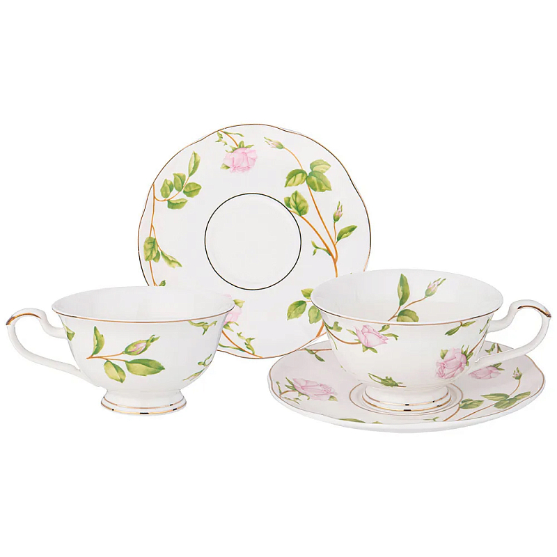 Чайный набор из фарфора белый с цветочным принтом на 2 персоны 4 предмета Flower Porcelain Collection Белый Мульти в Санкт-петербурге | Loft Concept 