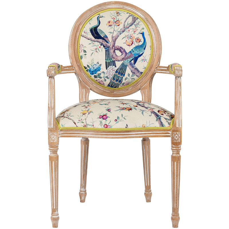 Полукресло из массива бука бежевое с изображением птиц и цветов Beige Green Chinoiserie Garden Chair Бежевый Салатовый Мульти в Санкт-петербурге | Loft Concept 