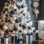 Украшенная Белая Новогодняя Елка с сине-белыми шарами и и муляжами подарков в комплекте варинант исполнения - 2 | Loft Concept в Санкт-петербурге