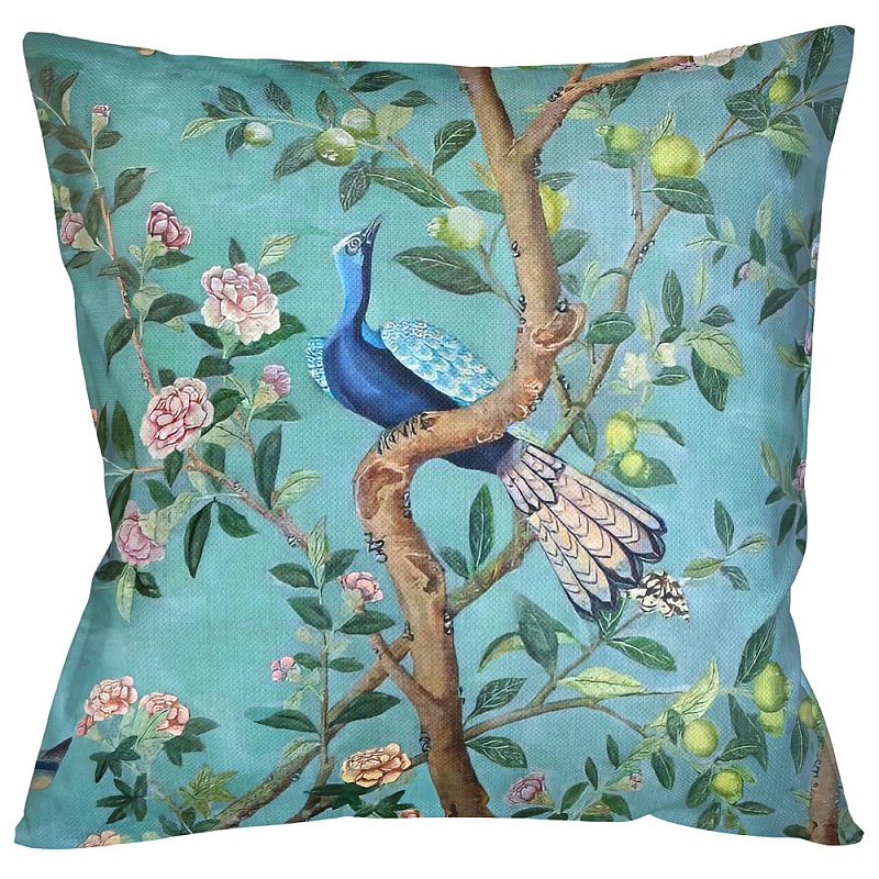 Подушка декоративная с изображением птицы в саду Chinoiserie Bird in the Garden Cushion Мульти Бирюзовый в Санкт-петербурге | Loft Concept 