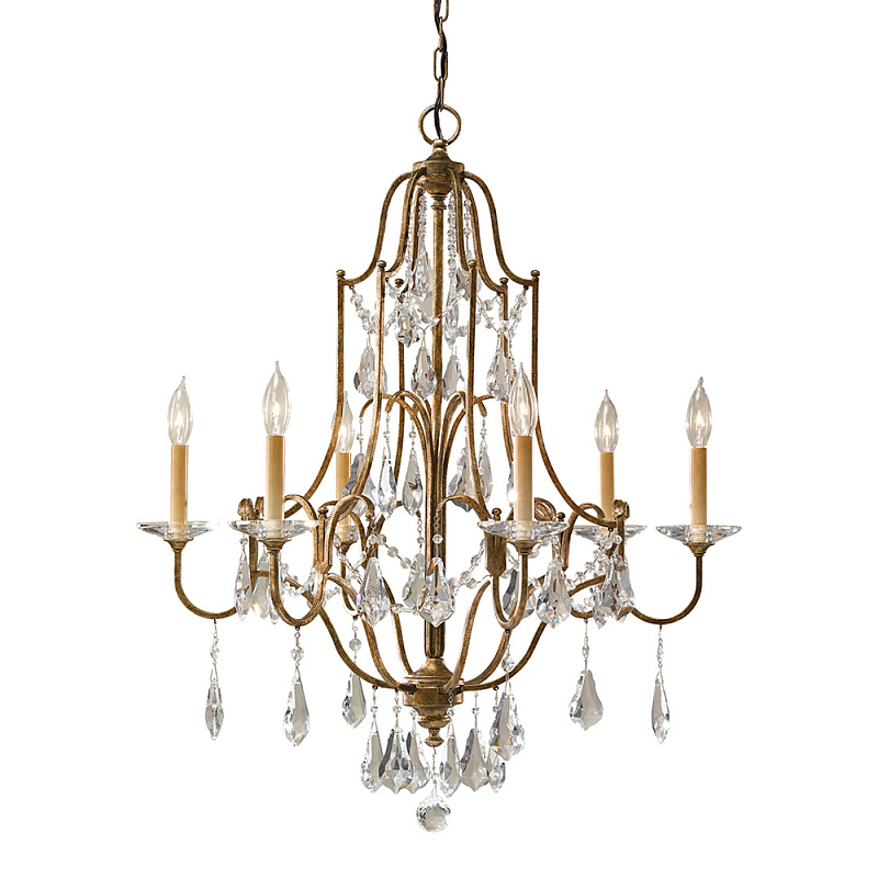 Люстра в бронзовом цвете с 6-ю лампами в форме свечей со стеклянными подвесками в классическом стиле Feiss Бронза Прозрачное Стекло в Санкт-петербурге | Loft Concept 