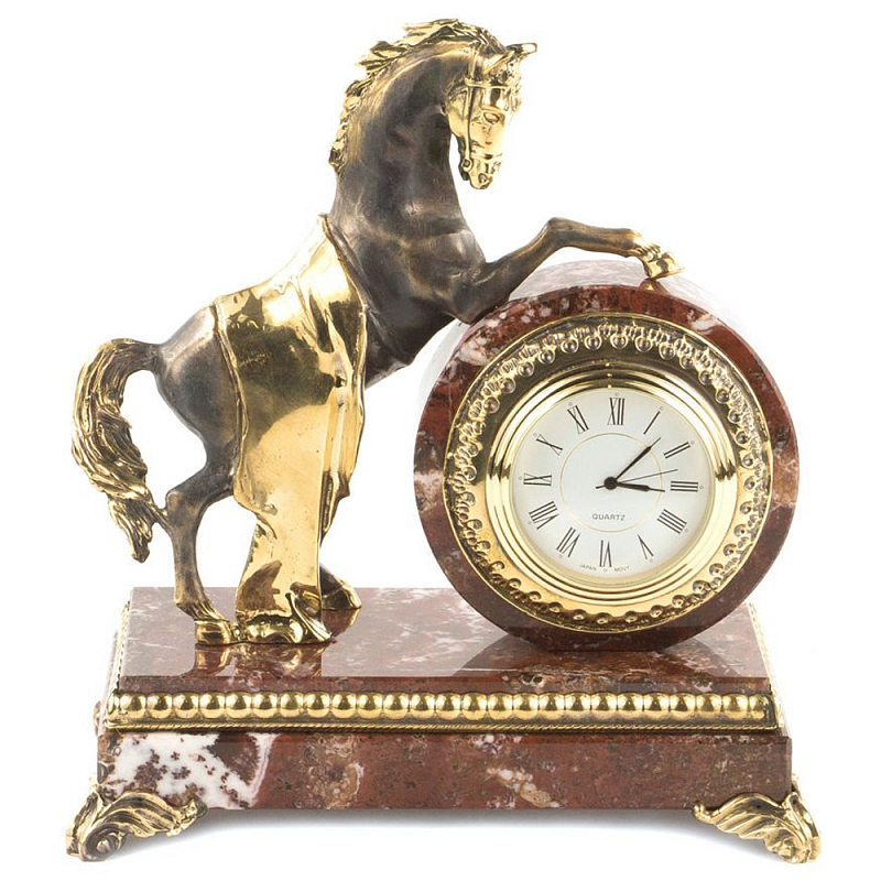 Часы настольные бронзовые с декором в виде коня Horse Stone Clock Коричневый Зеленый Бронза Черный Белый в Санкт-петербурге | Loft Concept 