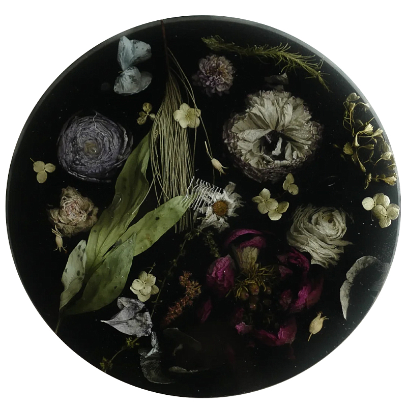 Круглый поднос из эпоксидной смолы с цветами черный Epoxy Resin Flowers Tray Black Черный Мульти в Санкт-петербурге | Loft Concept 