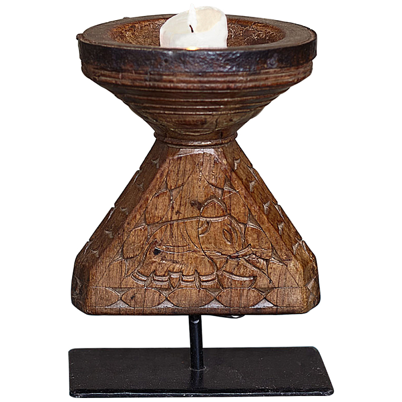 Подсвечник из массива тика на металлической подставке Wooden Carved Candlestick Коричневый в Санкт-петербурге | Loft Concept 