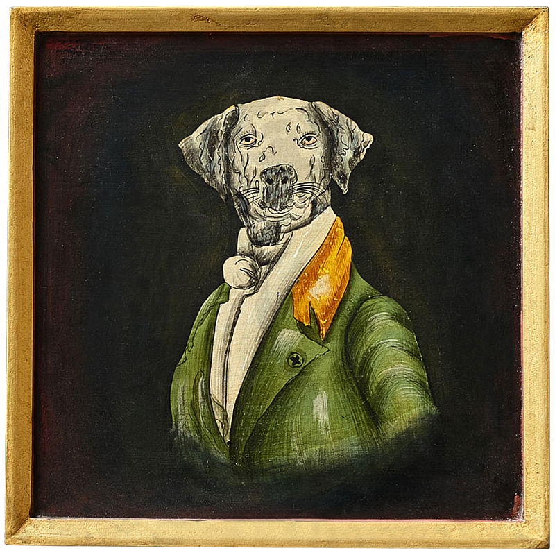 Картина в квадратной раме Chinoiserie Grey Dog Portrait Зеленый Черный Золотой Мульти в Санкт-петербурге | Loft Concept 