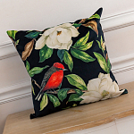 Декоративная подушка чёрная с изображением птиц и цветов Blooming Reds Birds варинант исполнения - 2 | Loft Concept в Санкт-петербурге