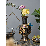 Ваза черная фарфоровая с  узором и бронзовым декором в виде веток с фарфоровой птичкой и цветами Eden Garden варинант исполнения - 2 | Loft Concept в Санкт-петербурге