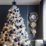 Украшенная Белая Новогодняя Елка с сине-белыми шарами и и муляжами подарков в комплекте варинант исполнения - 1 | Loft Concept в Санкт-петербурге