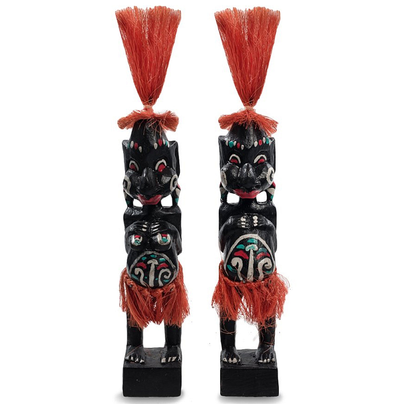 Комплект из 2-х деревянных статуэток Asmat Red Straw Headdress Statuettes Черный Красный Белый Бирюзовый в Санкт-петербурге | Loft Concept 