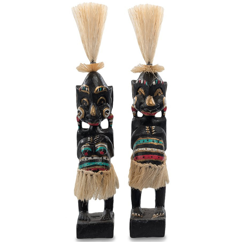 Комплект из 2-х деревянных статуэток Asmat Straw Headdress Statuettes Black Colorful Tattoo Черный Бежевый Мульти Бирюзовый Красный в Санкт-петербурге | Loft Concept 