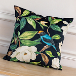 Декоративная подушка чёрная с изображением птиц и цветов  Blooming Blue Birds варинант исполнения - 2 | Loft Concept в Санкт-петербурге