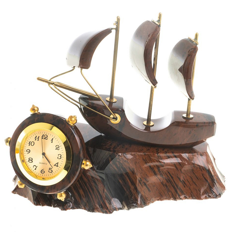 Часы настольные в виде парусника из натурального камня Обсидиан Sailboat Stone Clock Коричневый Черный Золотой в Санкт-петербурге | Loft Concept 