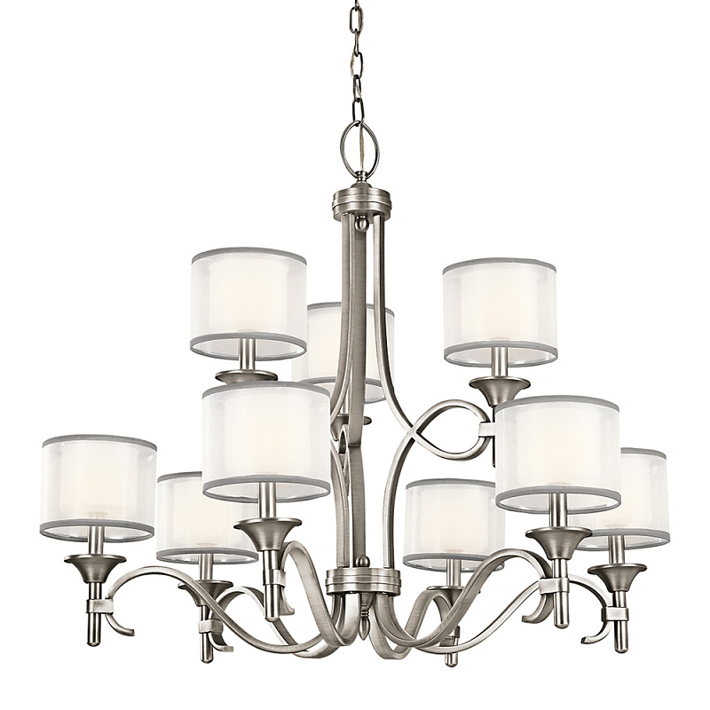 Люстра с белыми тканевыми абажурами в прозрачных стеклянных цилиндрах Kichler Белый Бежевый Никель Бронза Прозрачное Стекло в Санкт-петербурге | Loft Concept 
