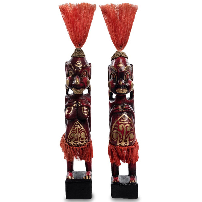 Комплект из 2-х деревянных статуэток Asmat Red Straw Headdress Statuettes Red Gold Красный Золотой в Санкт-петербурге | Loft Concept 