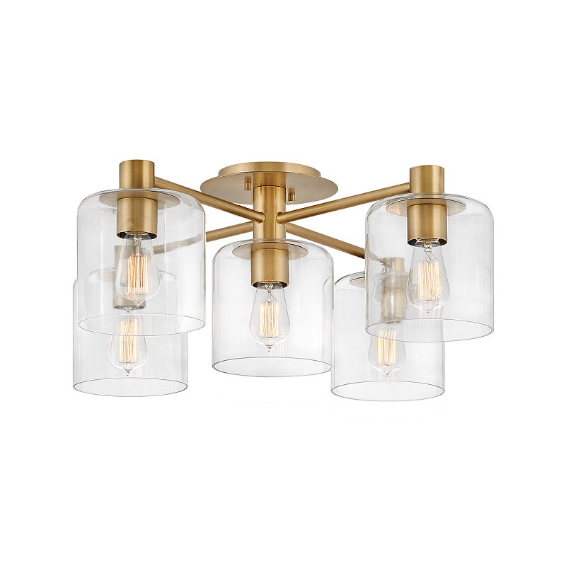 Потолочный светильник цвета латунь с пятью прозрачными цилиндрическими плафонами Hinkley Латунь Прозрачное Стекло в Санкт-петербурге | Loft Concept 