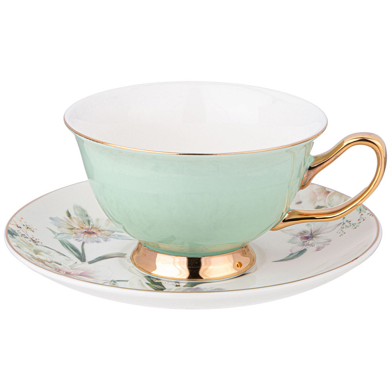 Чайная пара из фарфора 200 мл Green Tea Porcelain Set Белый Золотой Зеленый в Санкт-петербурге | Loft Concept 